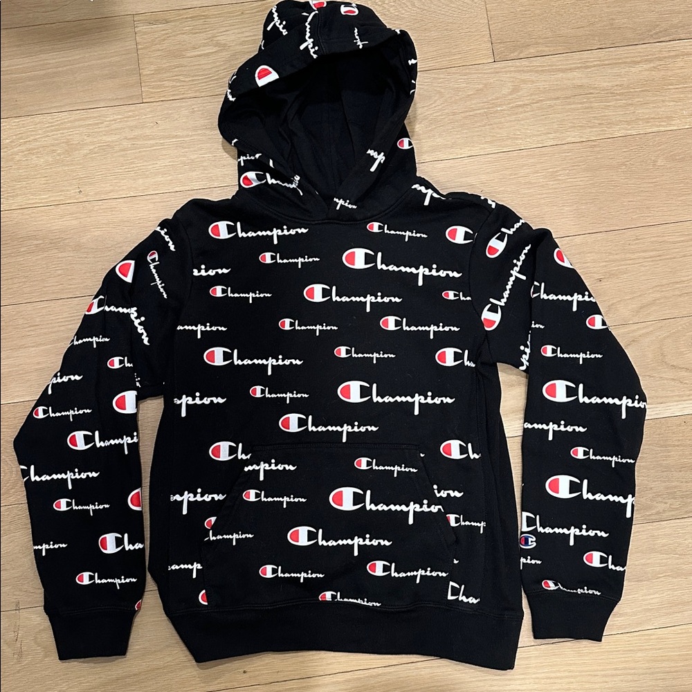 Champion All Over Logo Black Hoodie